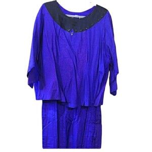 Vintage Suzen Blue Midi Skirt Suit Set Beaded LG